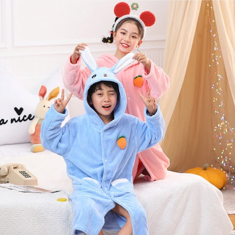 Cartoon Kids Long Sleeve Boys and Girls Flannel Hooded Sleepwear Robe Bath Towels Junior Pajamas Clothing Comfort Soft Home Wear