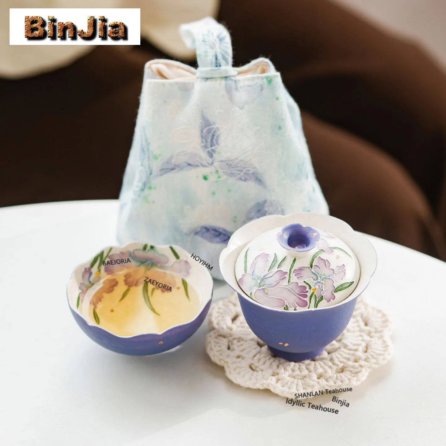 Hand Painted Purple Iris Travel Tea Set Kit Creative 1 Bowl 1 Cup Tea Making Organizer Portable Picnic Handbag Decoration Craft