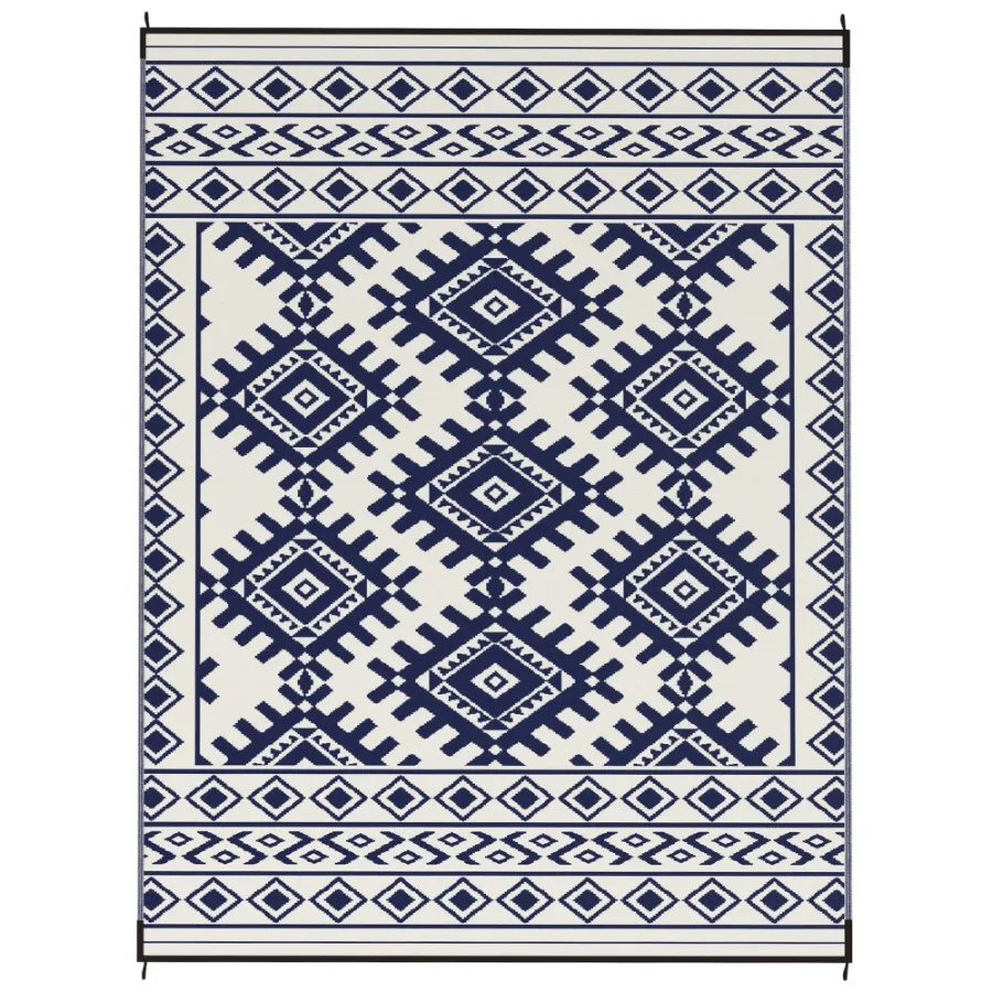 

Reversible Outdoor Rug Waterproof Plastic Straw with Carry Bag 9' x 12' Blue White Rhombus Border