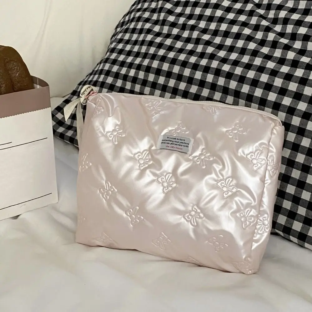 PU Material Cosmetic Bag Bow Decoration Multi-function Toiletry Bag Storage Compartment Zipper Makeup Handbag