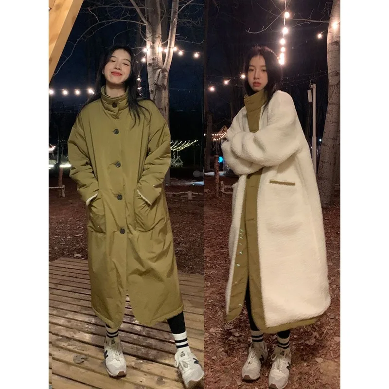 

Winter Jacket for Women Wearing Both Sides New Korean Autumn Winter Thickened Long Parkas Warm Fake Lamb Button Padded Overcoats