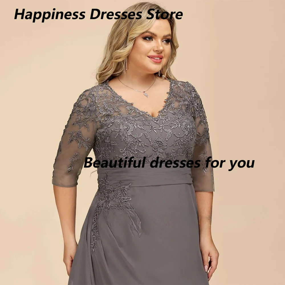Abito grigio per la madre della sposa con scollo a V maniche a 3/4 con applicazioni di perline in chiffon A Line Abito da cerimonia per invitati Abiti da sera personalizzati