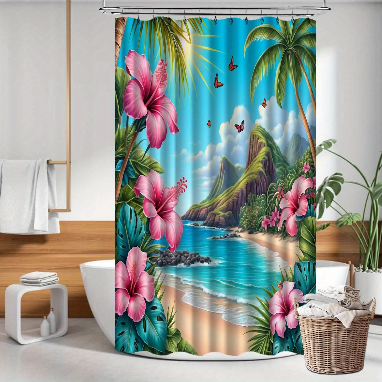 JIT1pcs Tropical Palm Tree Flower Pattern Shower Curtain, High-end Elegant Bathroom Curtain Shower Curtain, Shower Curtain Home