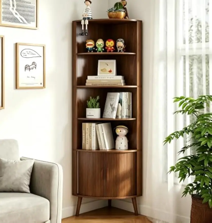 Tall Corner Storage Cabinet With Fluted Sliding Doors, 5 Tier Freestanding Bookcase And Display Rack, Space Saving Corner Shelf Organizer For Living Room Bedroom Study, Mid Century Modern Style, Walnut