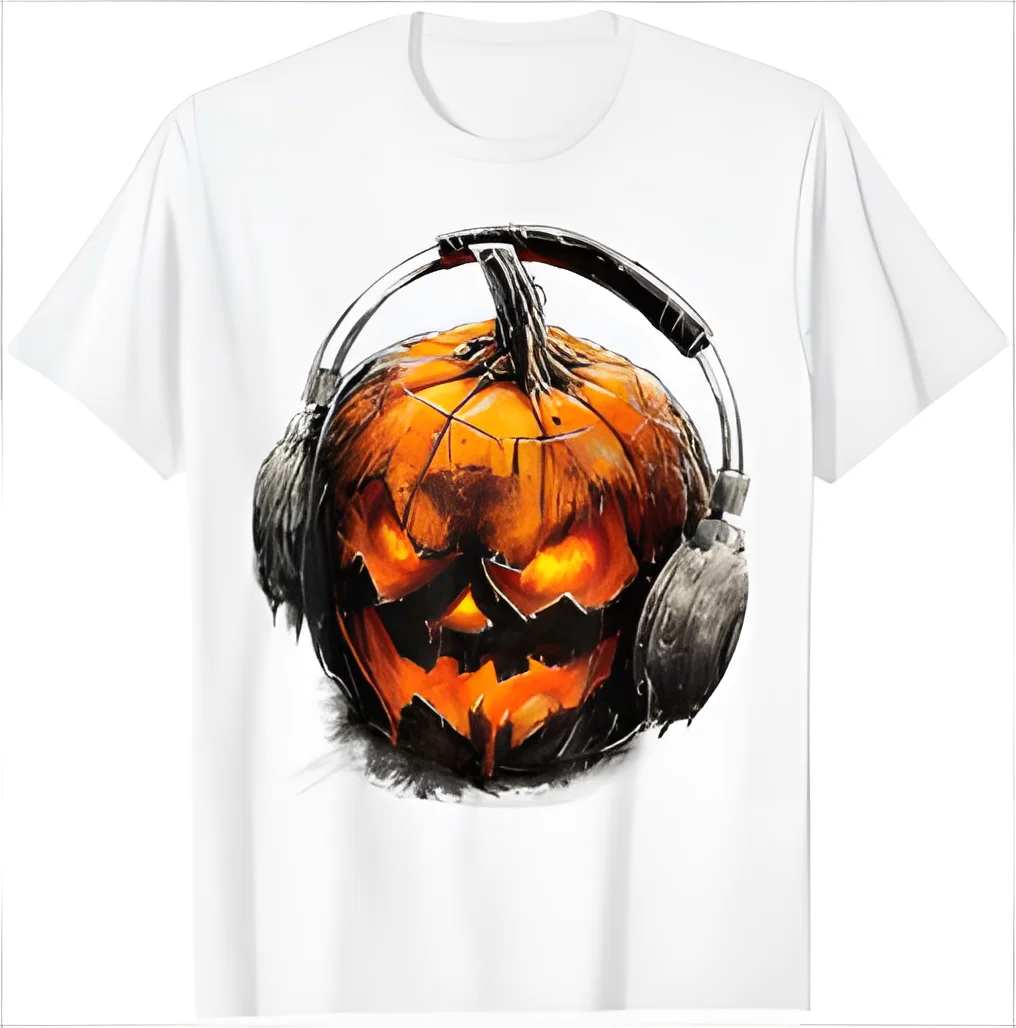 ハロウィーンのカボチャの衣装、ヘッドフォンアートTシャツ、不気味