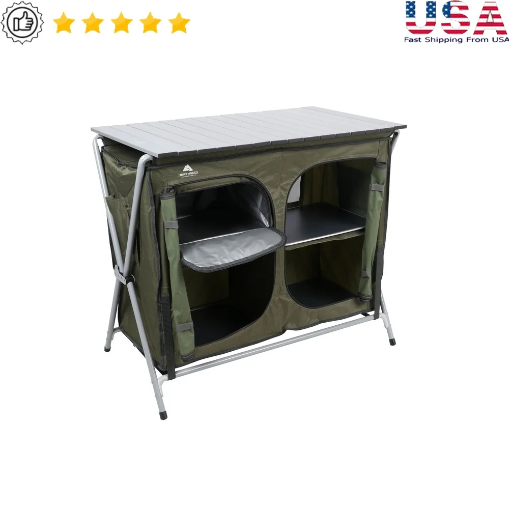 

Camping Table with Double Shelf Cupboard Portable Quick Assembly Durable Aluminum Surface Outdoor Cooking and Easy Transport