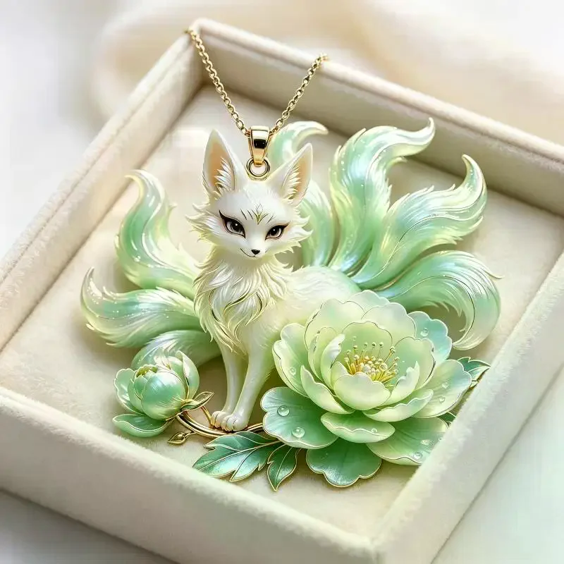 Luxury Original Nine-Tailed Fox Necklace, Peony Lucky Peach Blossom Pendant, High-End Jewelry Gift for Women