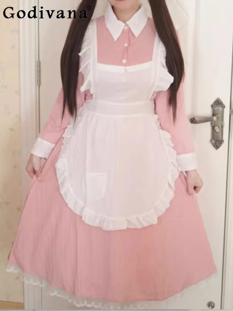 

Large Size Lolita Maid Style British Maid Long Sleeve Dress High Waist A-line Versatile Age Reduction Lace Cos Christmas Dresses