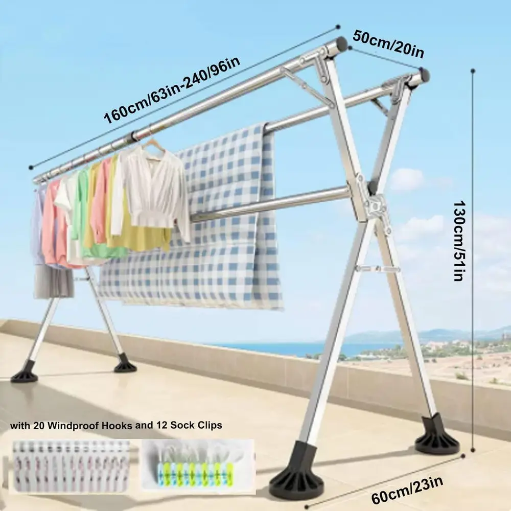 Indoor/Outdoor Portable Stainless Steel Clothes Drying Rack for 94 Towels & Linens