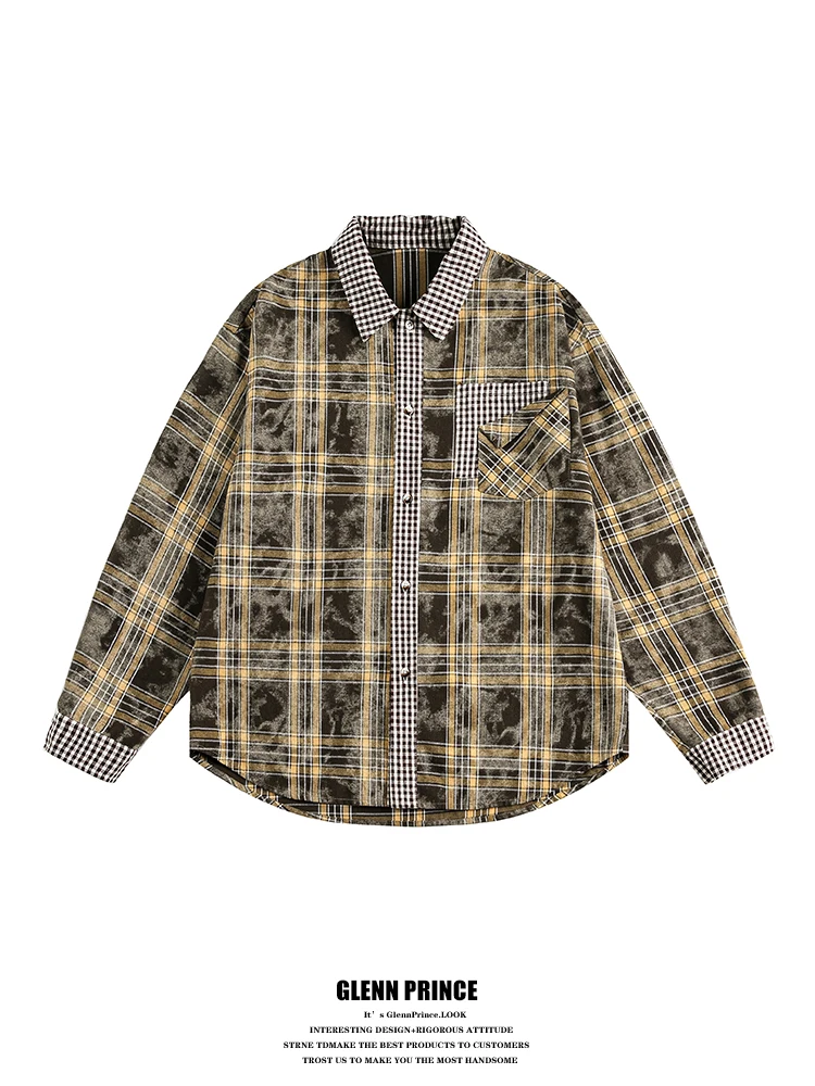 

GPstudio American Sle Rustic Plaid Splicing Long Sve irt Men Early Spring New Design Loose Couple irts Breathable Po...