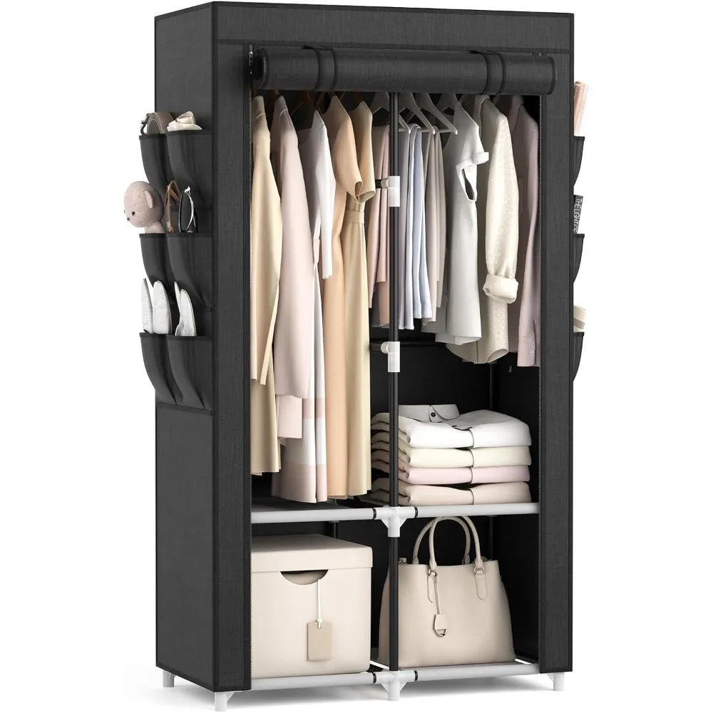 

Portable Closet Wardrobe Closet for Hanging Clothes with 4 Storage Shelves, 2 Hanging Rods and 6 Pockets, Stable and Easy Assem