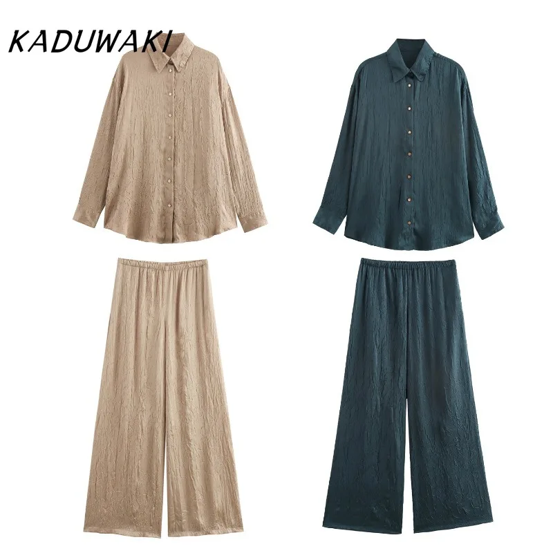 KADUWAK Retro Revers Lange ärmeln Solide Blusen Chic Plissee Satin Textur Hosen Casual Homewear Plus Größe Frau Kleidung Outfits