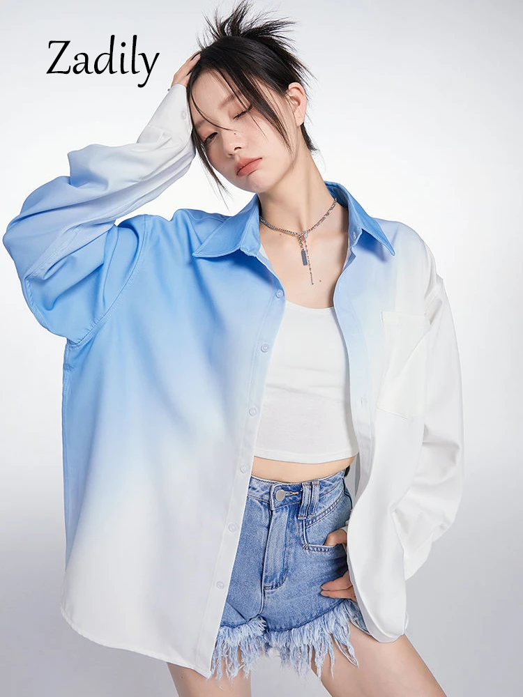 Zadily 2023 Summer Unisex Long Sleeve gradient Women White Shirt Oversize Button Up Woman Blouse Streetwear Female Clothing Tops