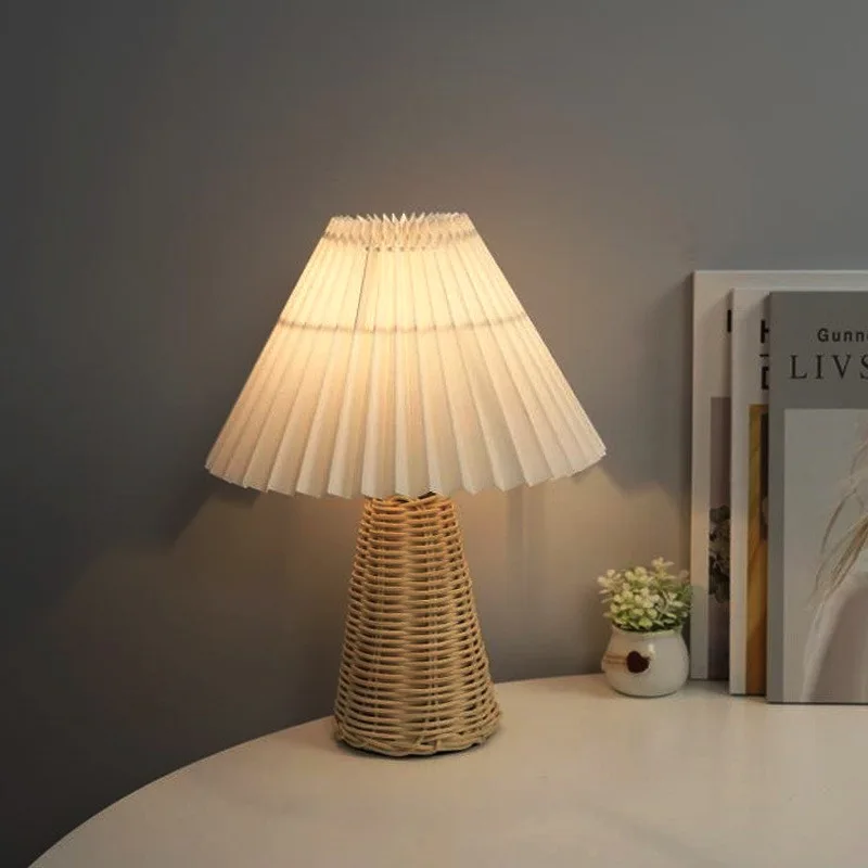 Vintage Pleated Desk Lamp Creative Rattan Night Light Study Decoration Bedroom Bedside Atmosphere Lighting