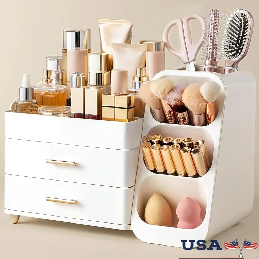 

Large Makeup Organizer with Brush Holder Multi-purpose Countertop Storage Easy Clean Cosmetics Skincare Tools Office Supplies