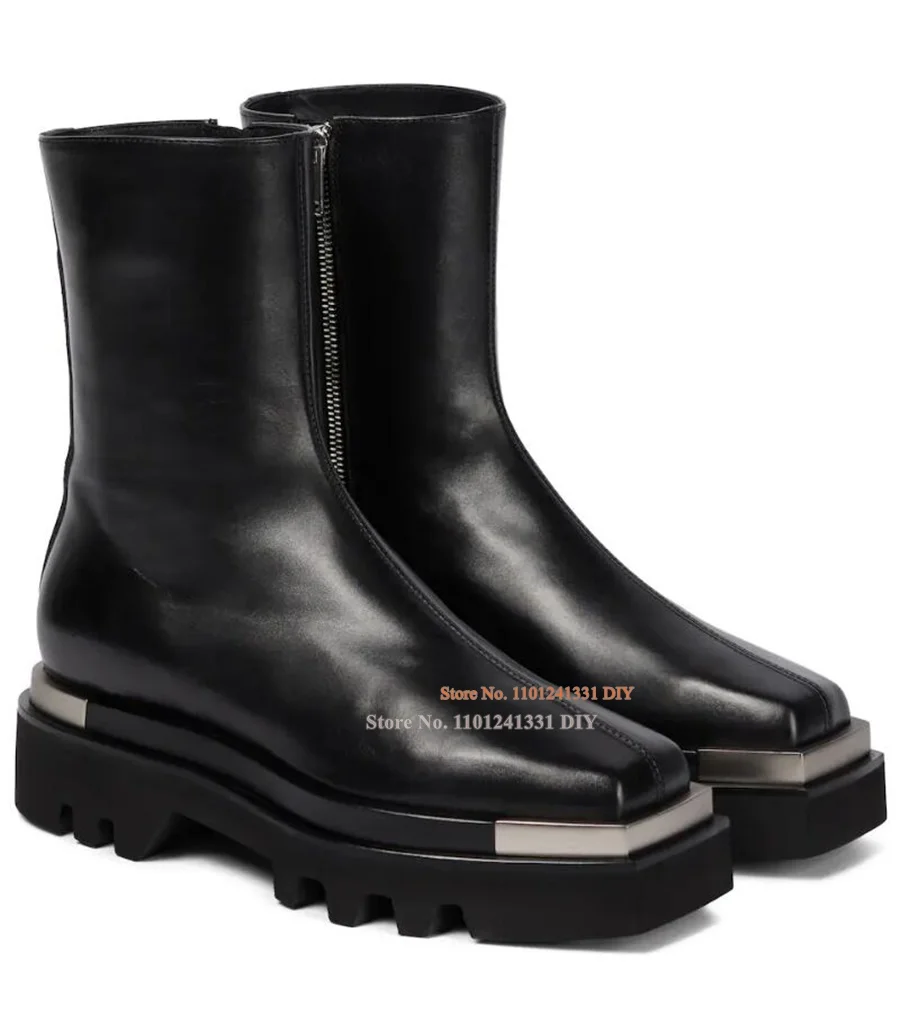 

Thick Platform Women's Mid Tube Ankle Boots Black Leather Metal Toe Stitching Boots Leather Soft New Footwear Woman