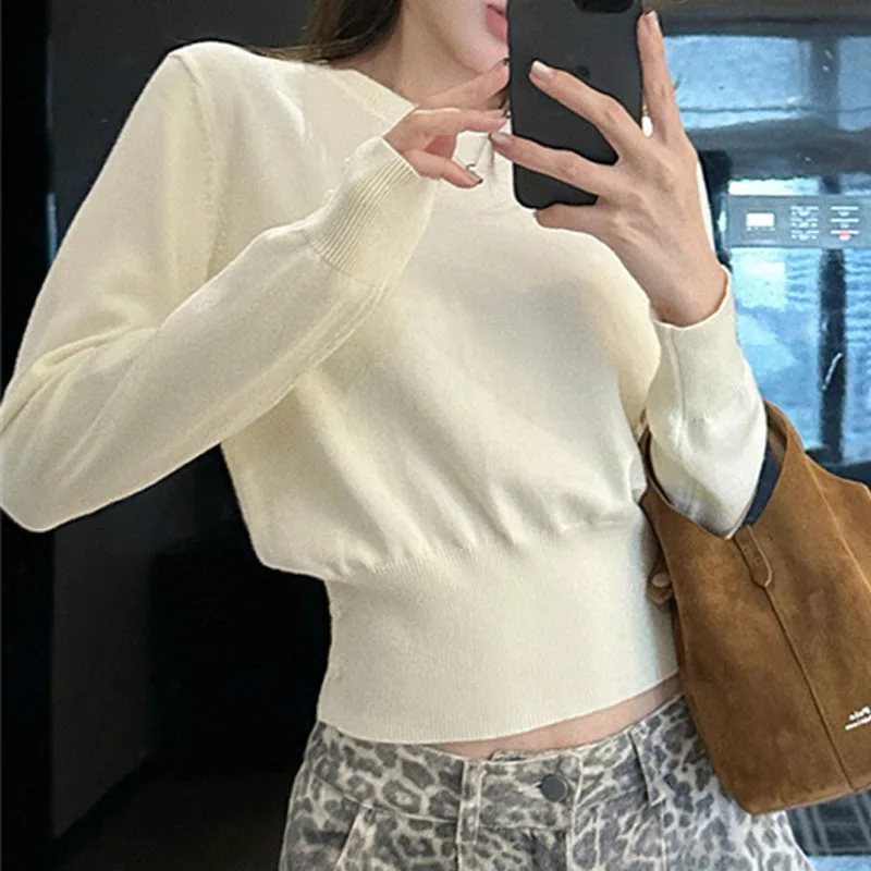 

Вязаный свитер, женские пуловеры, трикотажные изделия, новый белый вязаный свитер с длинным рукавом и круглым вырезом, пуловер, женские топы Sueters De Mujer Q2565