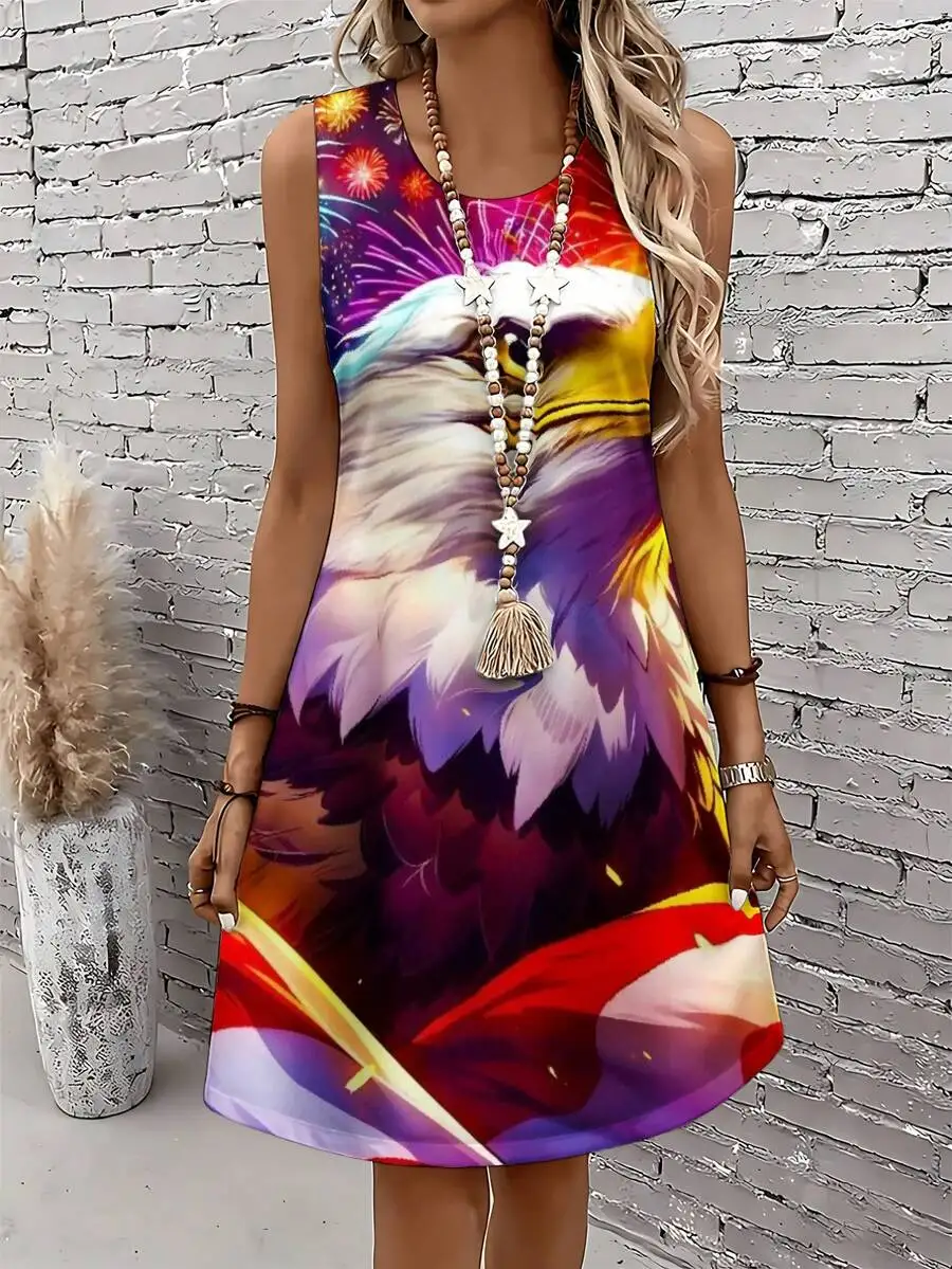 

Eagle Print Sleeveless Mini Dress With Fireworks Design Summer Casual Womens Party Outfit