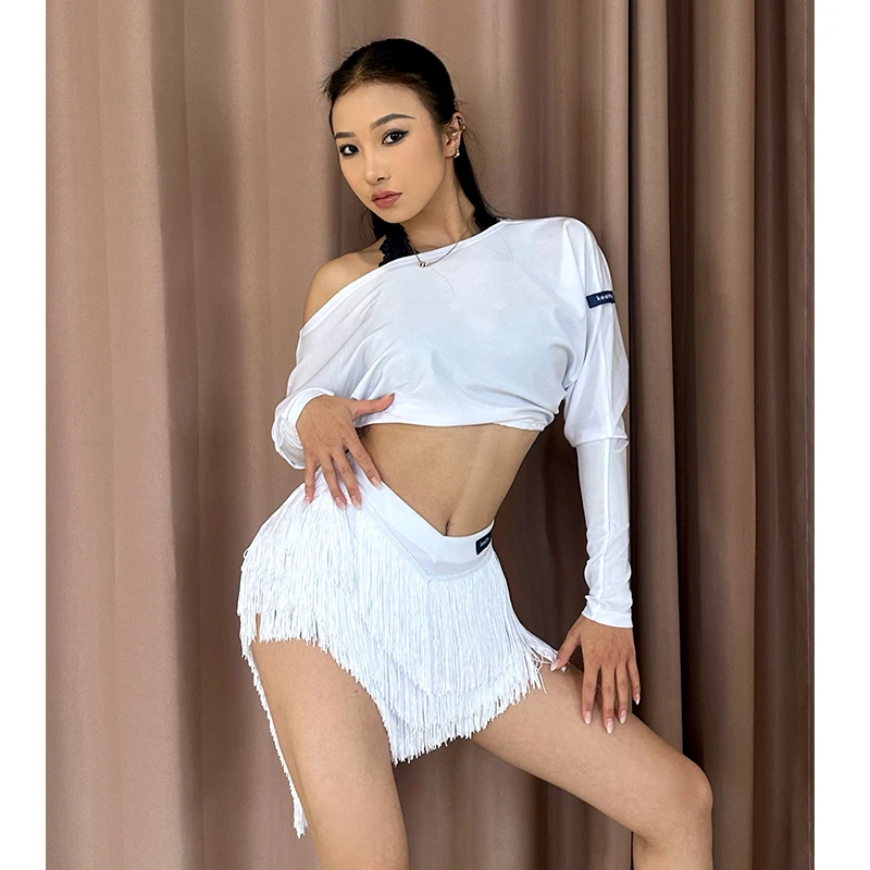Sexy Latin Dance Clothes Long Sleeves Short Tops Tassels Skirt Women Rumba Smaba Cha Cha Dance Practice Performance Clothing