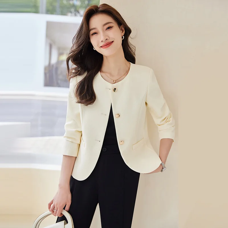

Корейская модная маленькая ароматная куртка, женские пиджаки, элегантное короткое пальто с круглым вырезом, осенний однобортный офисный женский костюм, верхняя одежда