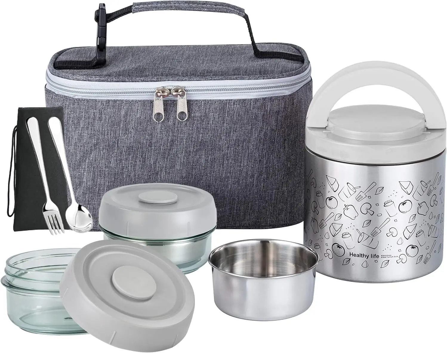 

Portable Insulated Lunch Box Set with Stainless Steel Cutlery, vacuum lunch box, to Keep Food Warm or Cool, Two Containe