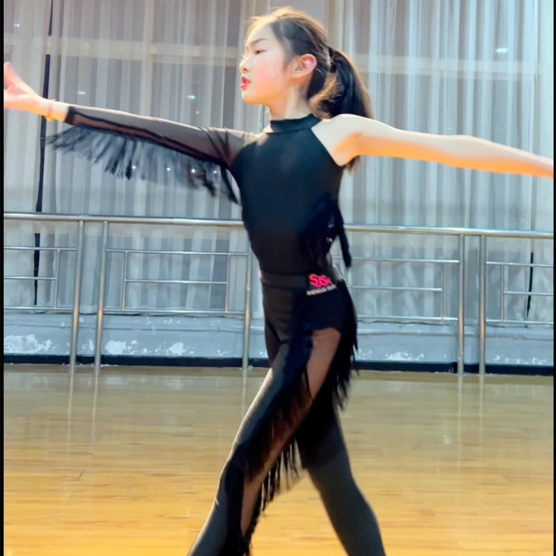 Girls Professional Latin Dance Costume Single Fringed Sleeve Top Latin Dance Pants Kids Ballroom Dance Competition Wear SL8783