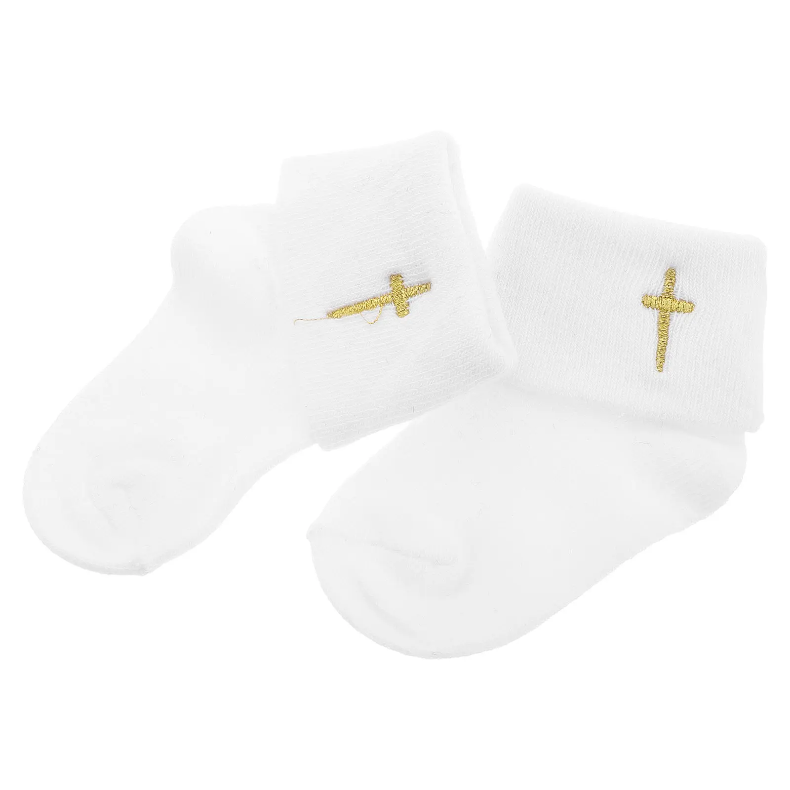 1Pair Baby Baptism Socks Turn Cuff White Soft Cotton Anti Slip Infant Christening Booties for 0-1 Year Old Newborn Foot Warmers