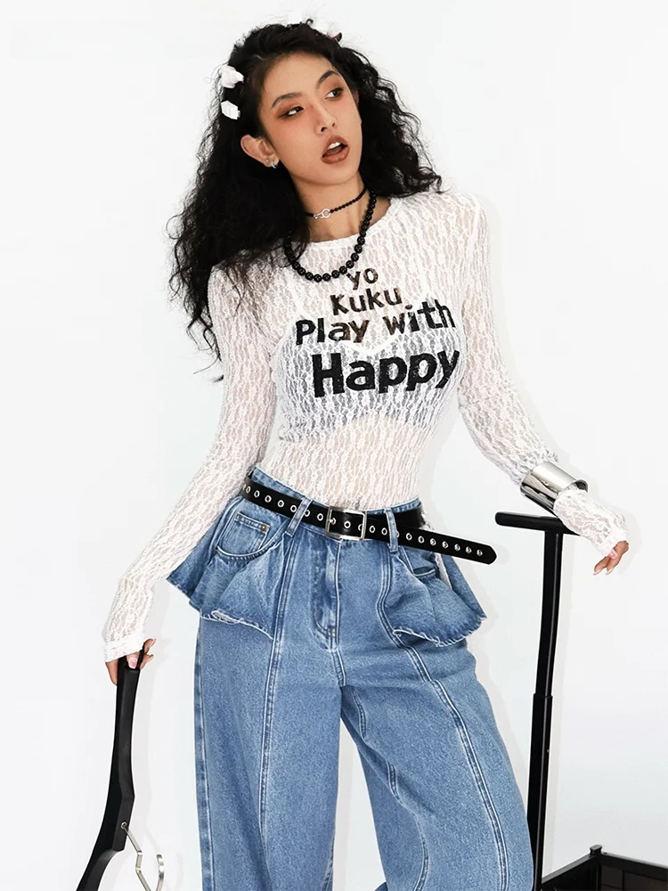 Cool Loose Women's Long Sleeve T-Shirt Vintage American Letters Transparent Hollow out Spring Fashion Polyester Spandex Blend