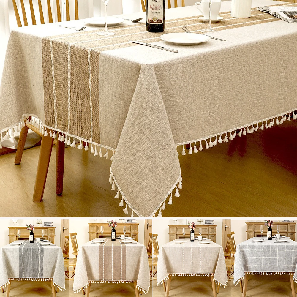 Cotton Linen Jacquard Checkered Tablecloth,Cotton Linen Tassels Dust-Proof Table Cover,For Dinning Party Square Tabletop Decor