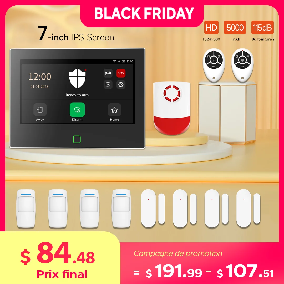 Staniot 7 inch Home Alarm System Wireless WiFi 4G Tuya Smart Security Protection Kit Built-in 115dB Louder Siren 5000mAh Battery