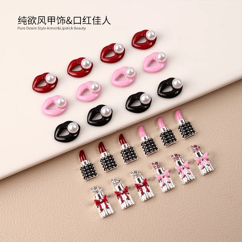 

New 10pcs/Bag Nail Accessories Romantic Red Lips Diamond Lipstick Metal 3D Luxury Style Nail Art Charms Decorations Bulk Supply