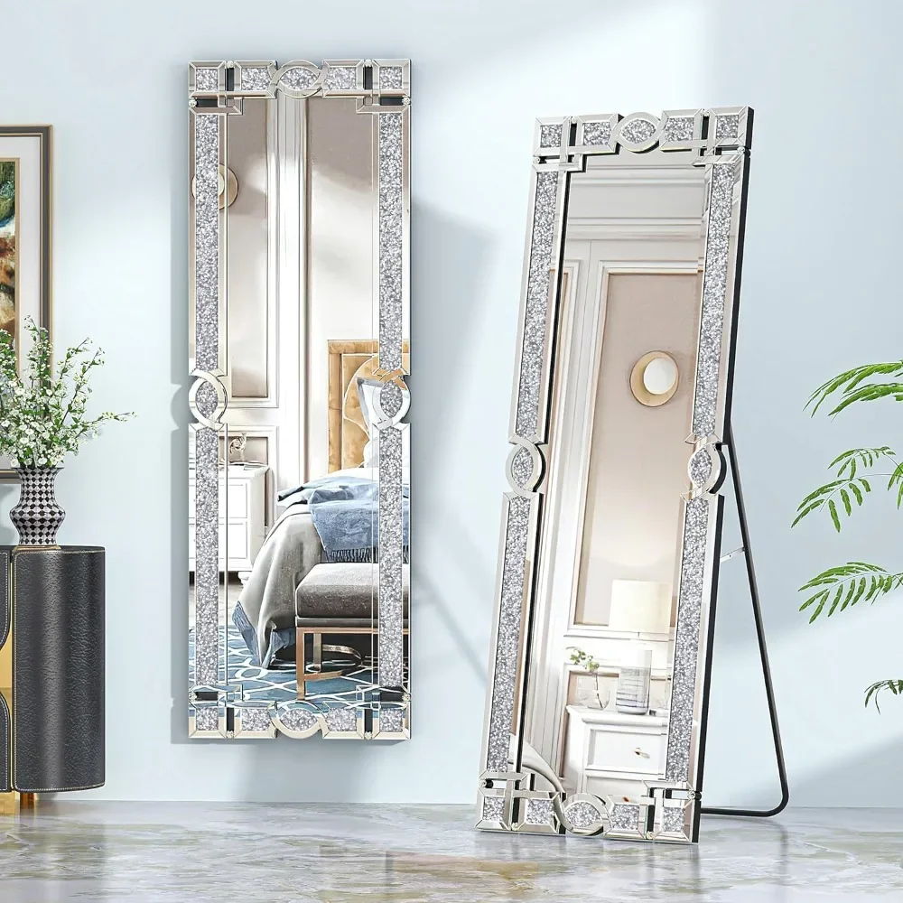 Mirror Full Length-63×21" Crushed Diamond Full Body Mirror Silver Long Floor Standing Mirror For Bedroom Living Room|