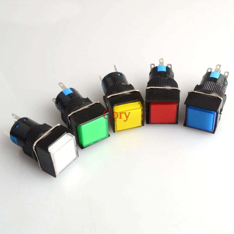 1PC 16mm Panel Mount Red/Green/White/Blue/Orange Lamp Momentary/Maintained Square Push Button Switch 6V/12V/24V/220V