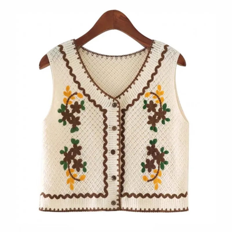 

Flowers Embroidery Sweater Vest Women 2024 New Spring Autumn Sleeveless Short Waistcoat Female Prairie Chic Outerwear