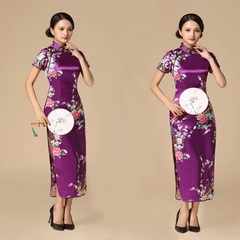 Femmes Satin Cheongsam chinois traditionnel col Mandarin robe de soirée imprimé paon Sexy fendu Qipao Vestidso