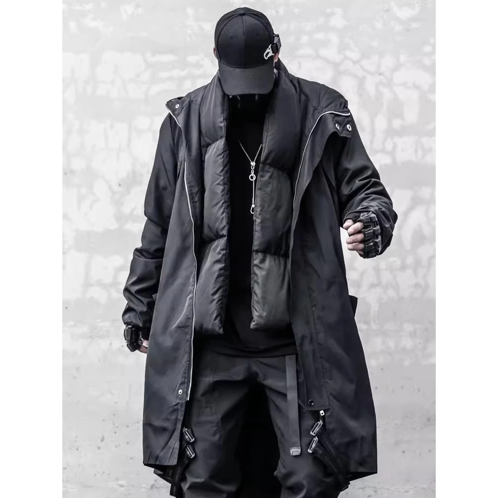 Men Tactical Trench Jacket 2024 Autumn Black Long Coats Windbreaker Mens Loose Punk Functional Long Jackets Techwear