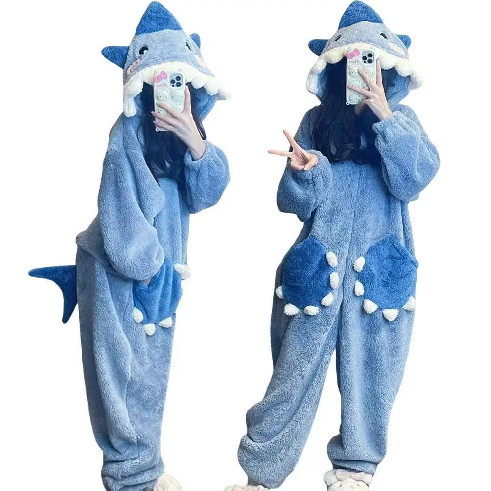 

Женская одежда для сна с капюшоном и рисунком синей акулы, кигуруми, единорог, зимняя пижама для косплея, комбинезон, женская одежда для дома на рождественскую вечеринку