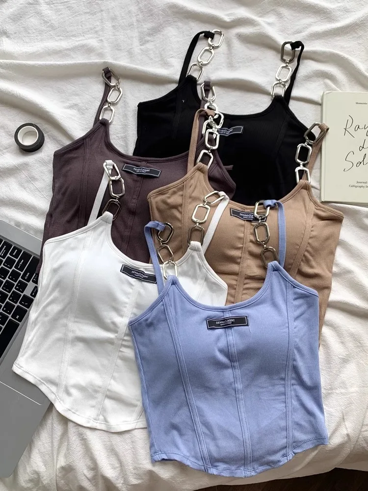

Y2K Chain Punk Gothic Camis Bottom Vest with Bra Cup Sexy Hot Women Summer Tank Top Streetwear Solid Summer White Blue Clothes