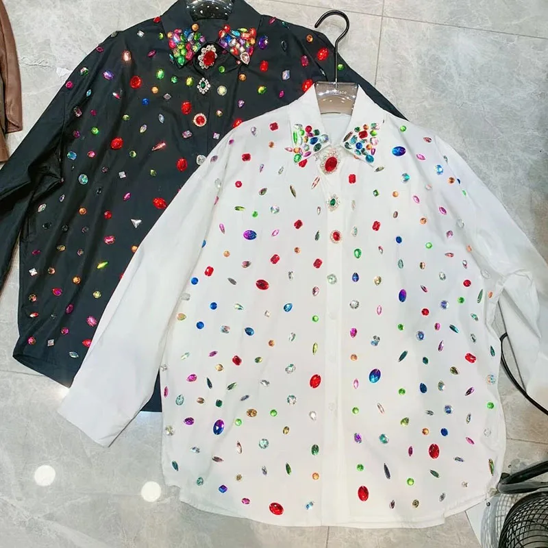 Luxury Women Rhinestones Beaded Shirts Spring Single Breasted White Black Diamonds Blouses Retro OL Cardigan Crop Tops Blusas