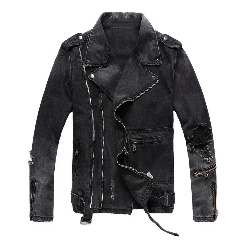 

LIBIELIY Men's Denim Jacket For Autumn And Winter. American Retro High Street Punk Style Fashionable Ripped Slim-fit Motorcycle