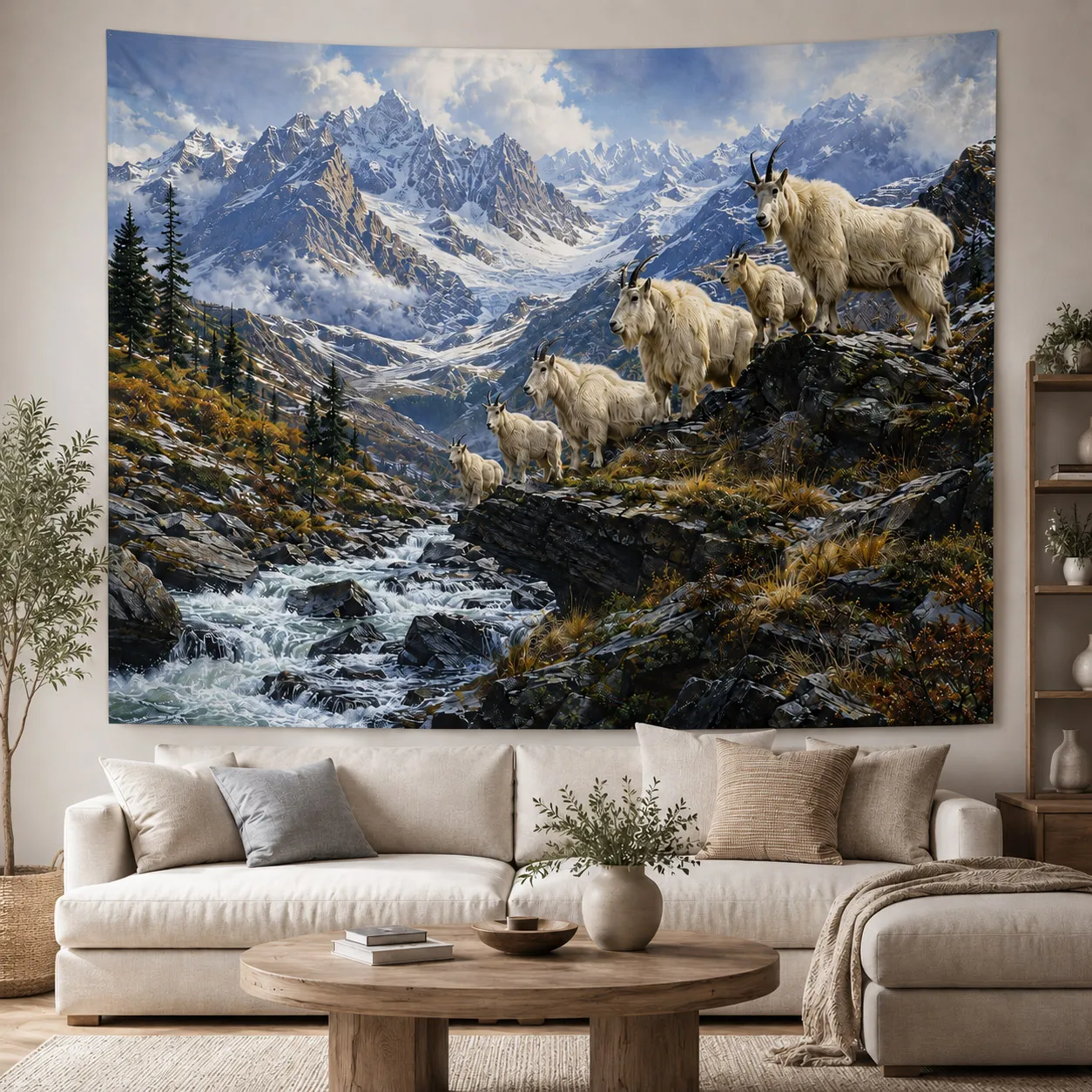 Vintage Mountain Goat Tapestry Forest River Wall Hanging Boho Room Decor Nature Landscape Wild Animal Fabric Tapestries