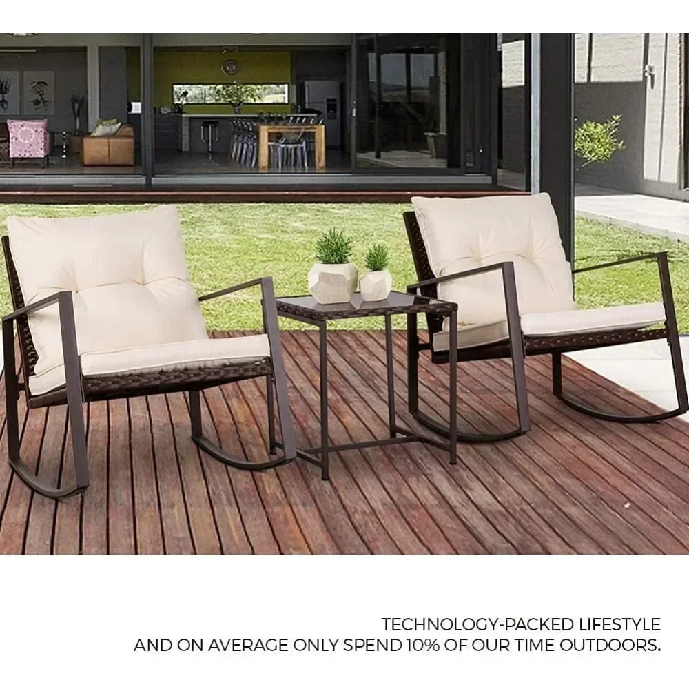 Patio Bistro Set Outdoor Rocking Chairs Set  Wicker Porch Chairs with Glass Coffee Table