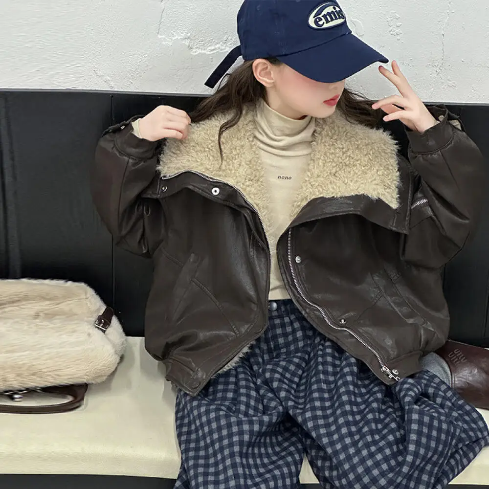 

Kawaii Girl Keep Warm Fur Collar Leather Jacket Coat Student Autumn and Winter Casual Thicken Tops Jacket Children's Clothing