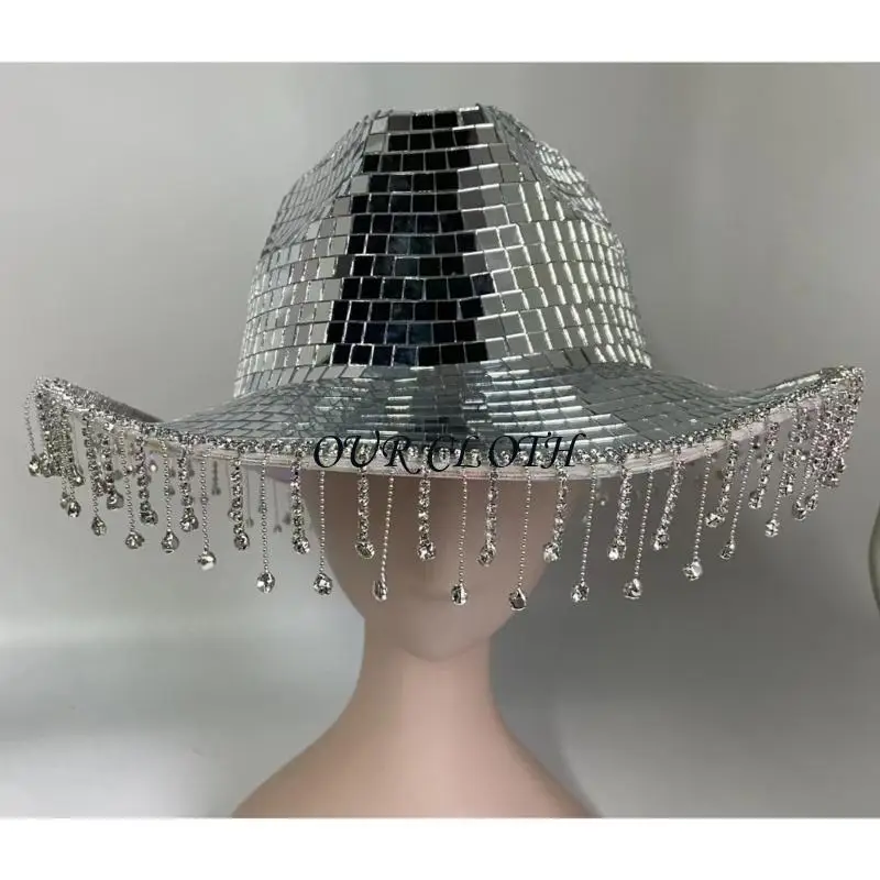 Sparkly Mirror Cowboy Hat Reflective Disco Ball for Bachelorette Party Flickering Tassels Versatile for Club Stage Bar Y1AC