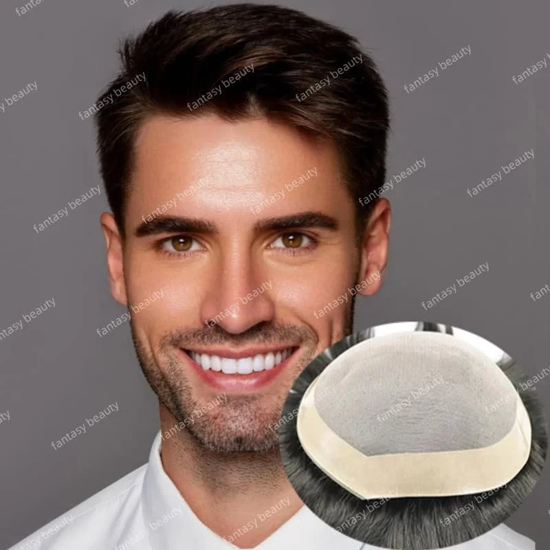 

Invisble natural hairline Breathable fine mono&PU Men's toupee 1#1b#2#3#4 natural Black brown Male Human Hair Prosthesis wig