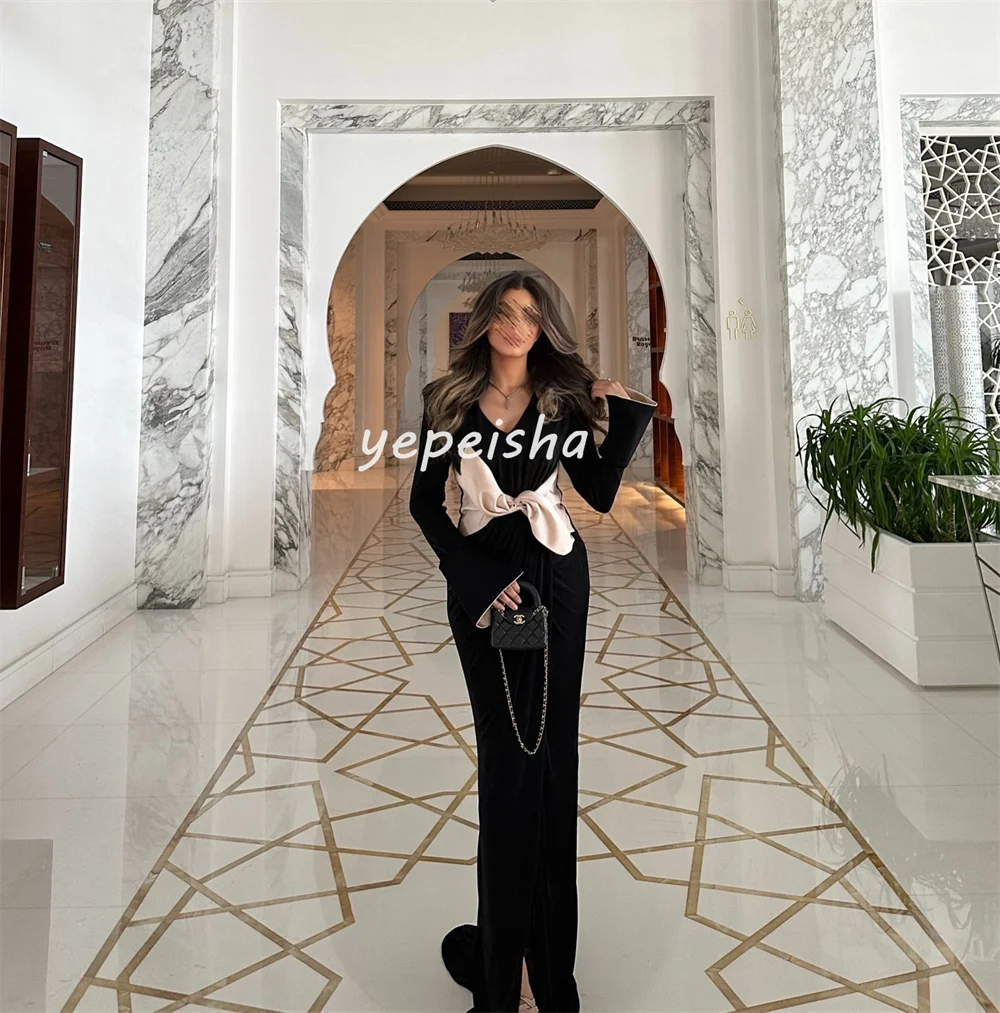 Customized Sizes Available Matching Jersey Pleat Bow Straight V-neck Long Dresses Bespoke Occasion Dresses Exquisite Elegant image 5