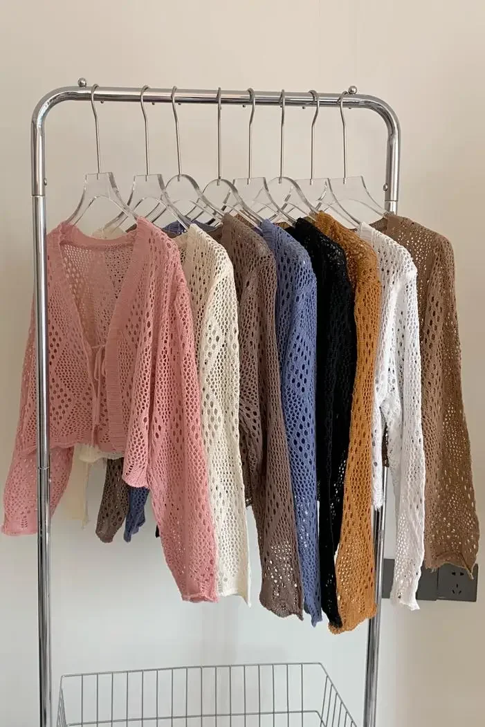 Doorschijnend Pointelle gebreid crop vest met stropdas aan de voorkant opengewerkte lange mouw korte jas top cover voor dames tienermeisje schattige outfit