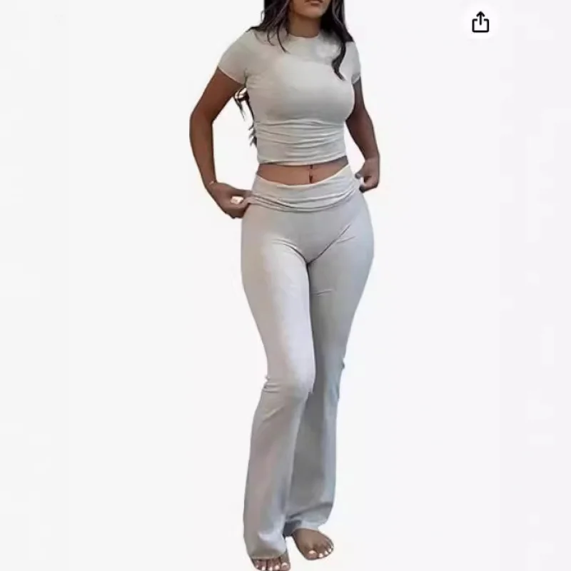 

Women's Two Piece Set Round NeckTLow Waist Flared Pants Tracksuit Set