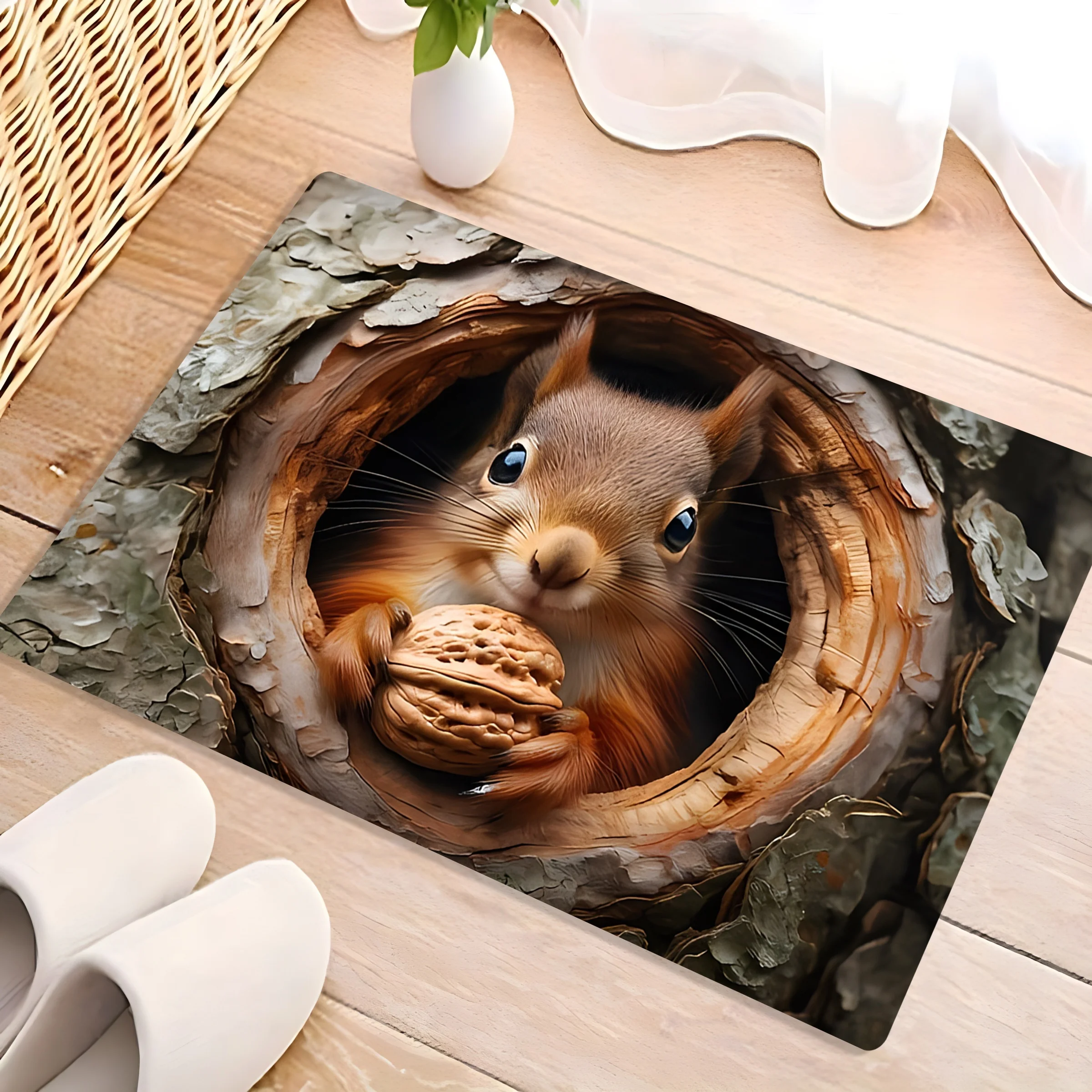 Cute Squirrel Holding Walnut Doormat, 3D Animal Floor Rug, Non-Slip Welcome Mat for Entryway Garden Home Decor Gift