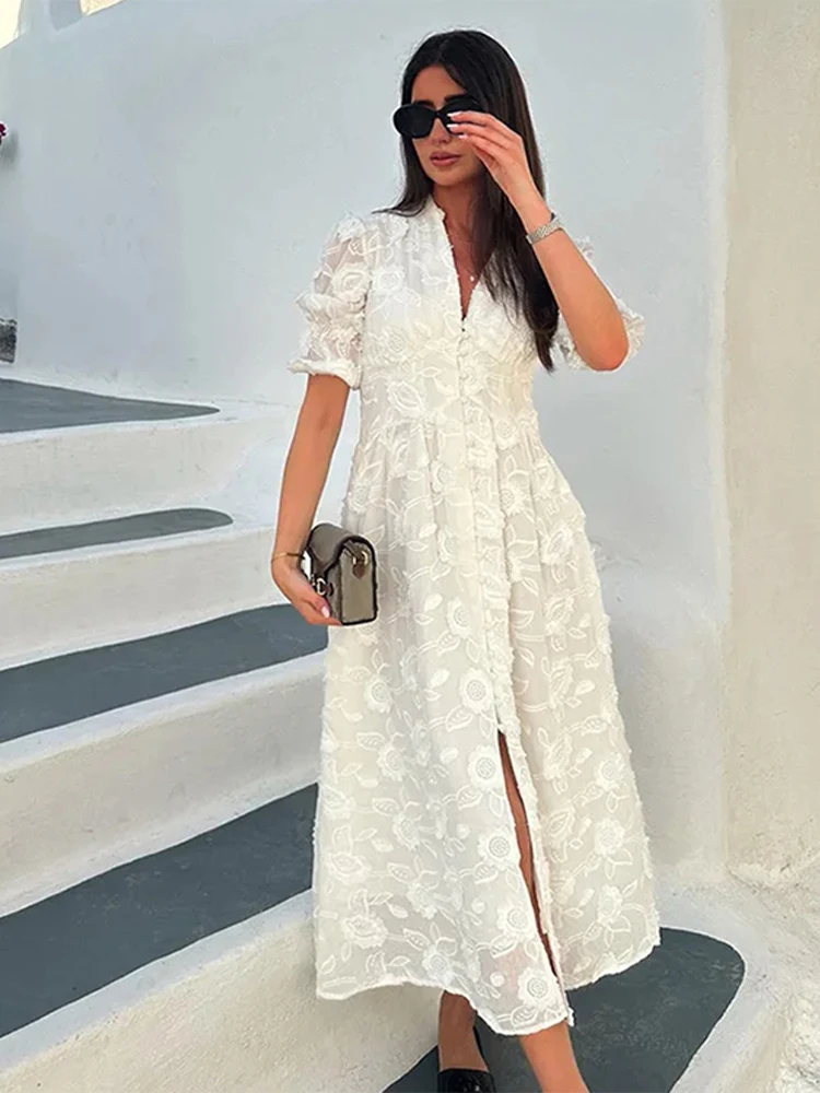 Elegant Lace Hollow Out Dress Women V-neck Embroidery Midi Female Party Dresses 2024 Summer Single Breasted Split Lady Robe